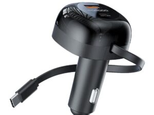 Porodo Dual Port Retractable Car Charger, Black, FWCH030