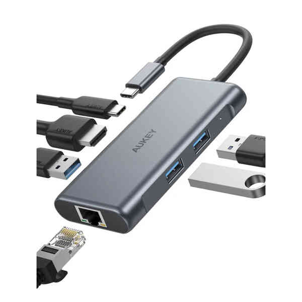 Aukey 6 in 1 USB-C Hub, 100 W, Black, CB-C75