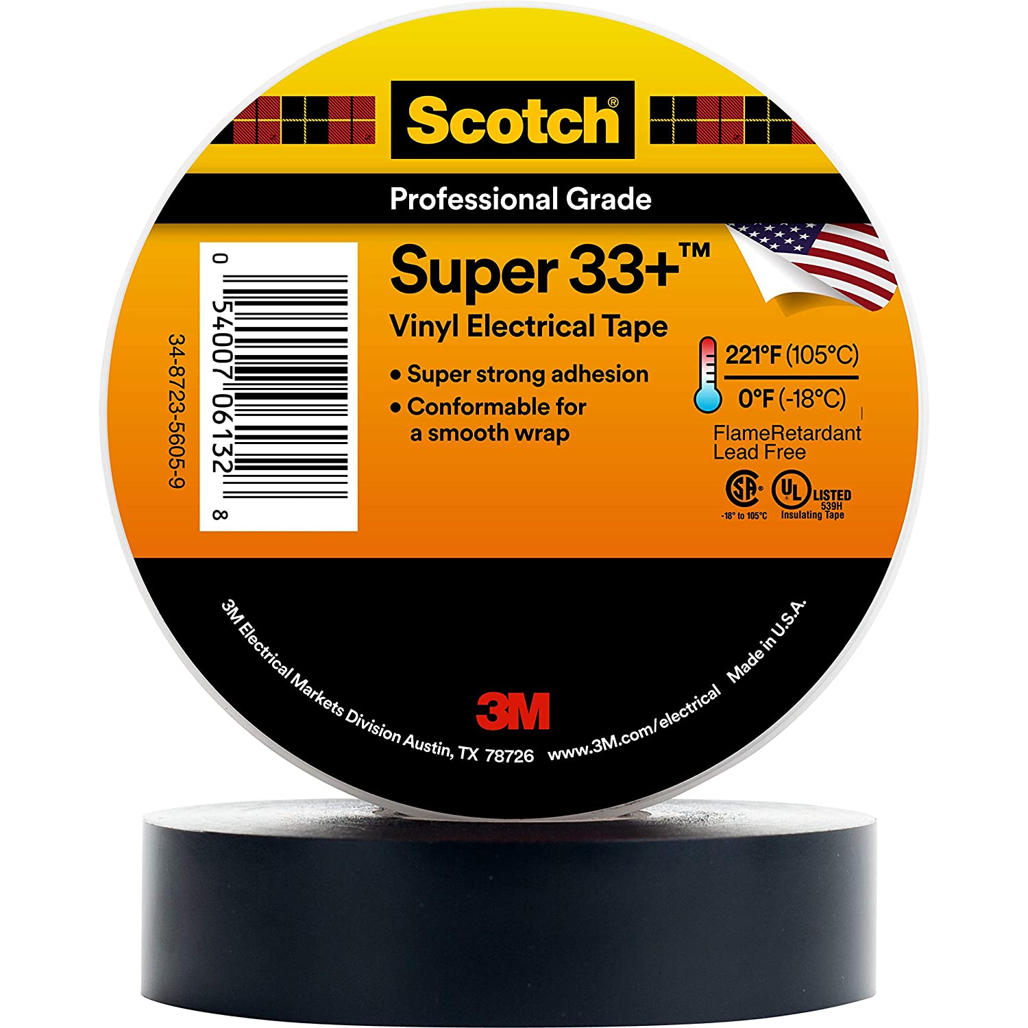 3M™ Scotch® Super 33+ Vinyl Electrical Tape , 3/4 in x 66 ft (19 mm x 20.1 m x 0.177 mm) - Black