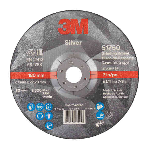 3M™ Silver Depressed Centre Grinding Wheel, T27, 178 mm x 7 mm x 22.2 mm, 51750