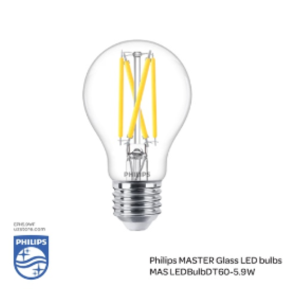 PHILIPS Master LED Glass Filemental Lamp Bulb DT Dimmable 5.9-60W E27 927 A60CL G , 929003010382