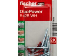 Fischer DuoPower Universal Plug with Angle Hook, 5x25 WH K NV (Pack of 8) - 535008