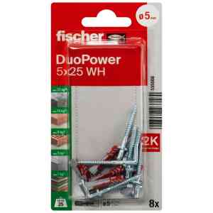 Fischer DuoPower Universal Plug with Angle Hook, 5x25 WH K NV (Pack of 8) - 535008