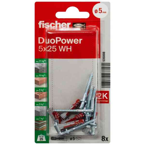 Fischer DuoPower Universal Plug with Angle Hook, 5x25 WH K NV (Pack of 8) - 535008