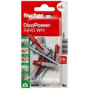 Fischer DuoPower Universal Plug with Angle Hook, 8x40 WH K NV (Pack of 4) - 535001