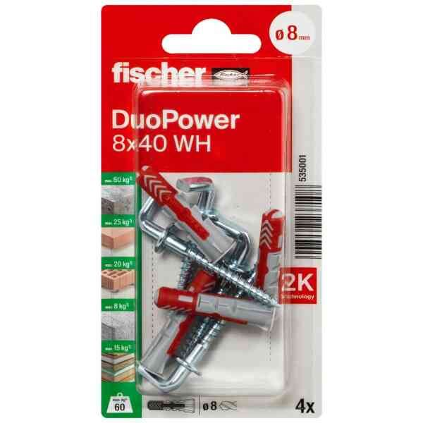Fischer DuoPower Universal Plug with Angle Hook, 8x40 WH K NV (Pack of 4) - 535001