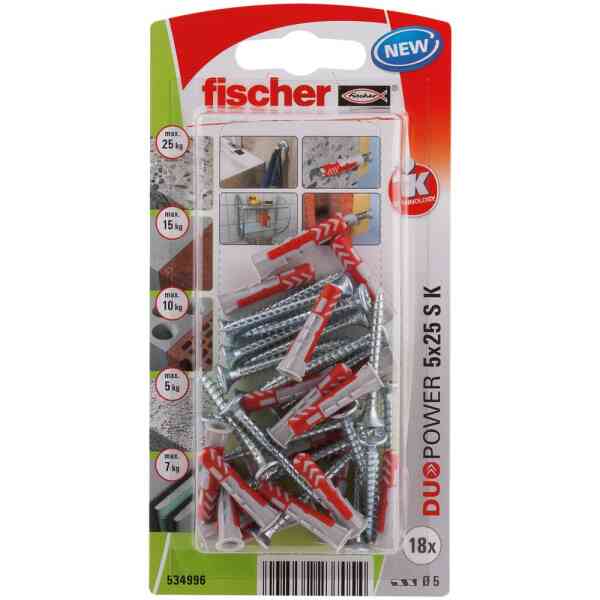 Fischer DuoPower Universal Plug with Screw, 5 x 25 S K NV (Pack of 18) - 534996
