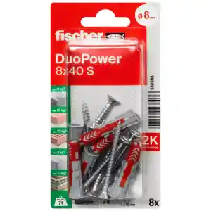 Fischer DuoPower Universal Plug with Screw, 8x40 S K NV (Pack of 8) - 534998