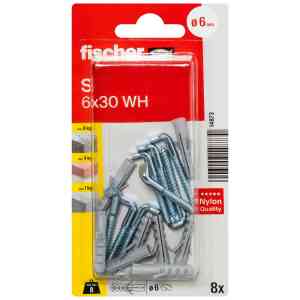 Fischer Nylon Expansion Plug with Angle Hook Set, S 6 WH K NV (Pack of 8) - 14873