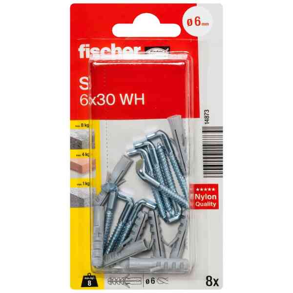 Fischer Nylon Expansion Plug with Angle Hook Set, S 6 WH K NV (Pack of 8) - 14873