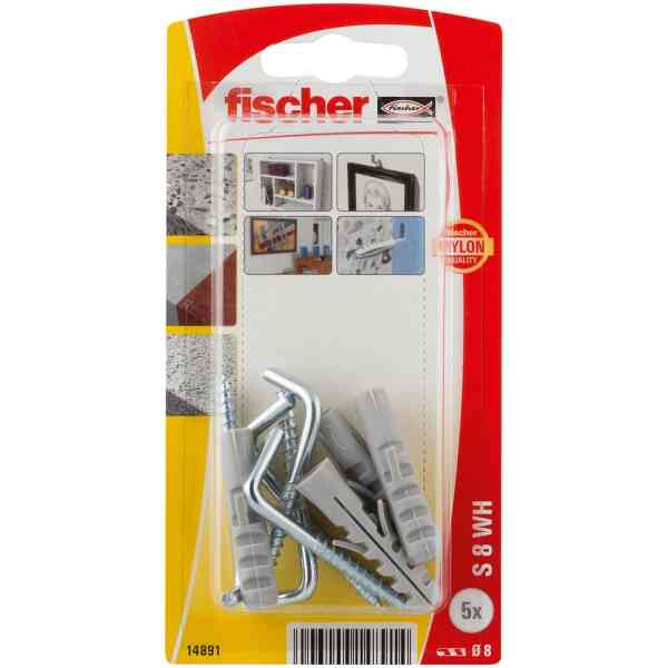 Fischer Nylon Expansion Plug with Angle Hook Set, S 8 WH K NV (Pack of 5) - 14891