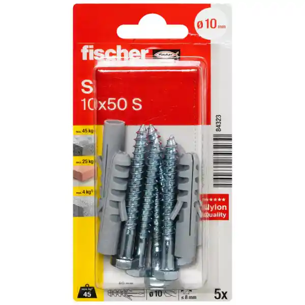 Fischer Nylon Expansion Plug with Screw, S 10x50 S NV (Pack of 5) - 84323