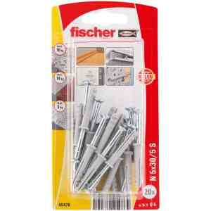 Fischer Nylon Hammerfix with Galvanized Countersunk Head Screw & Wall Plug Set, 5x30 mm (Pack of 20) - 45476