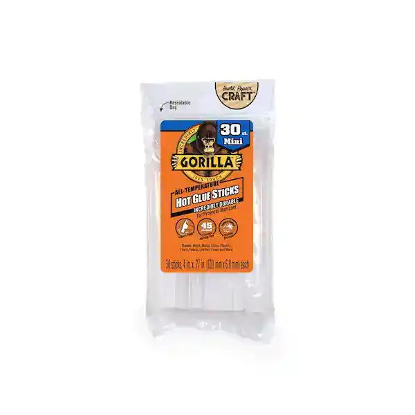 Gorilla 30-Count Mini Hot Glue Sticks, 4 in. x .27 in. (101 mm x 6.8 mm), Clear