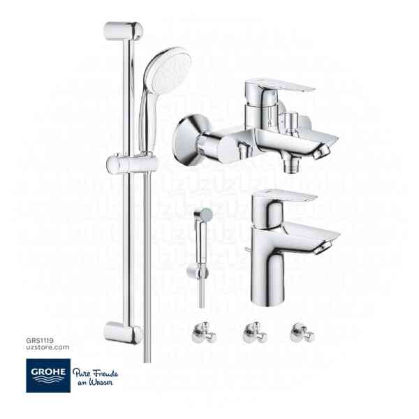 GROHE Bundle 119 (Bauedge New Shower Mixer + Shower Kit + Shattaf + 3 Angle Valve + Wash Basin Mixer)